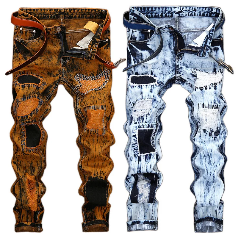 Didiboer Men's Fashion Biker Jeans Pants Ripped Motorcycle Straight Male Patchwork Trousers Casual Men Elastic Hole Denim Pants