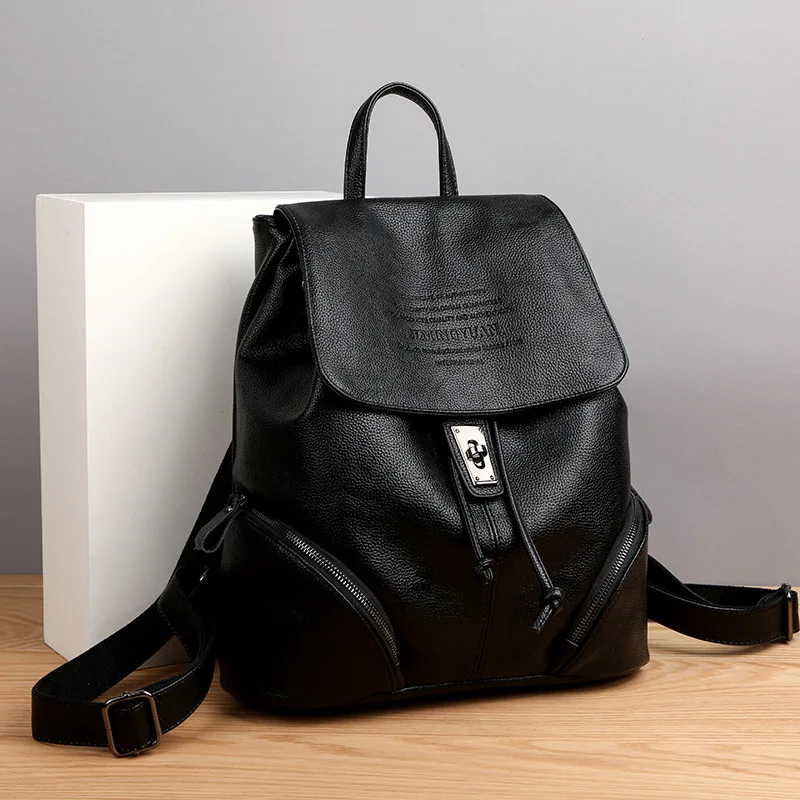 

Girls School Backpack Campus Backpack for Women Black Soft Leather Large Capacity Backpack Simple and Versatile Travel Bag 2023