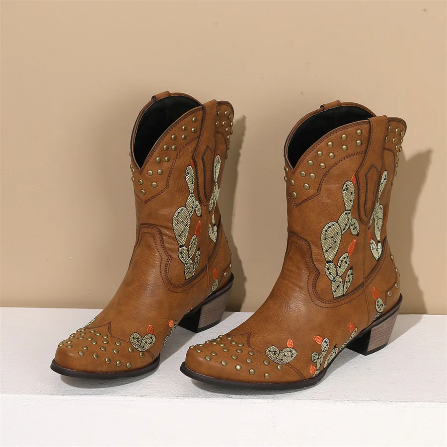 

Ковбойские Женские ботинки в западном стиле, зима 2023, Женская Винтажная обувь с цветочным узором и вышивкой из коровьей шкуры, женская обувь раньше 43, Прямая поставка