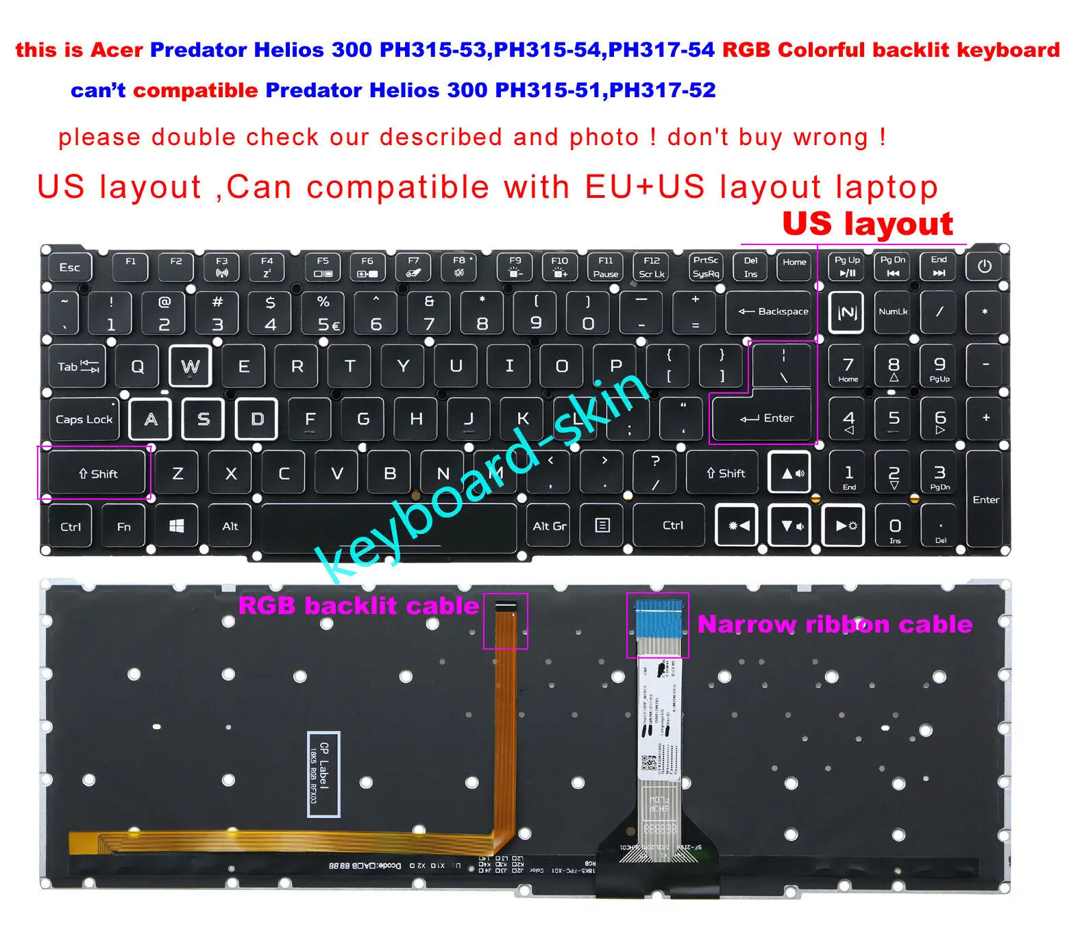 New US RGB Colorful backlit without-frame keyboard For Acer Predator Helios 300 PH315-53 PH315-54 PH317-54 N18I3 N20C3 laptop