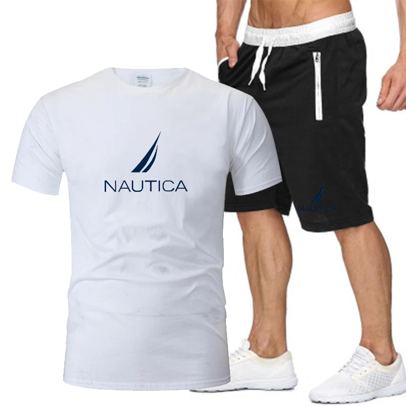 Brand NAUTICA  Men's Two-Piece Sportswear Short-Sleeved Casual T-Shirt And Brawstring Shorts Summer Quick-Drying And Breathable