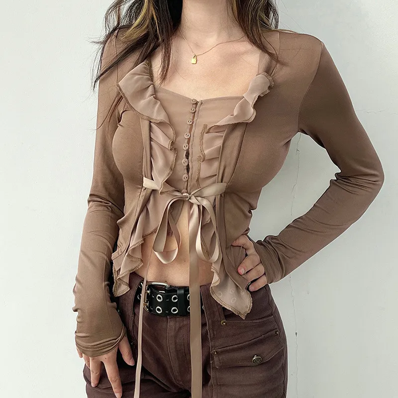 

Женская футболка с квадратным вырезом, оборками и длинным рукавом