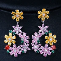 top grade stunning yellow pink cubic zirconia crystal cute big flower drop earrings for women wedding jewelry