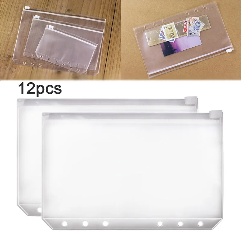 

12PCS Convenient Clear PVC A5 A6 A7 Binder Pockets Clear Zipper Folders For 6-Ring Notebook Binder Files Reports Binder