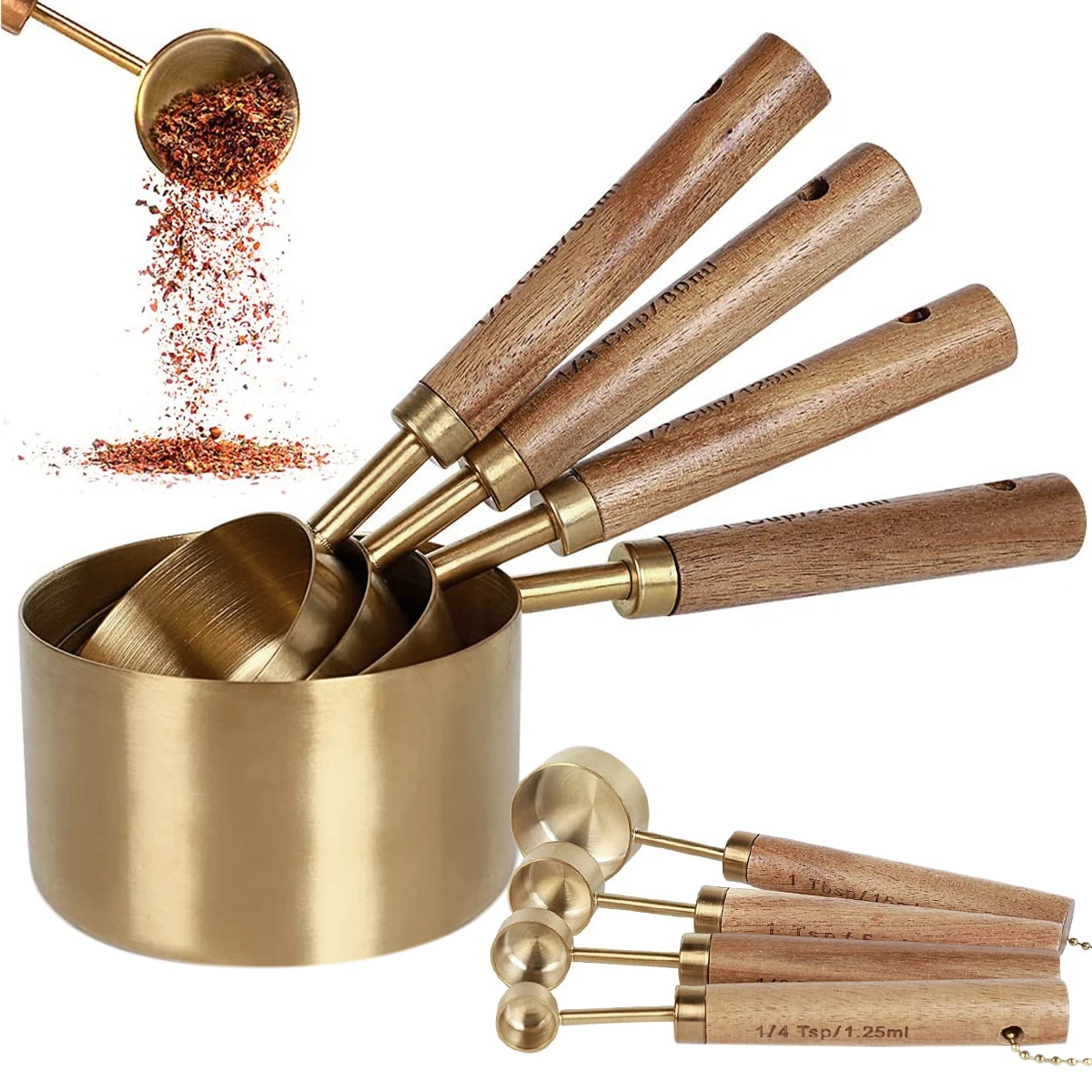 

NEW 8Pcs Measure Cup and Spoon Set Gold Measuring Cup Spoon Set with Wooden Handle Stainless Steel Stackable Kitchen and Baking