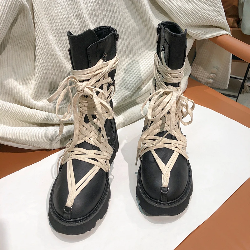 Autumn Winter Fashion Boots Women British Style Thick-Soled High-Top Lace-Up Long Boots Side Zipper Leather Single Shoes