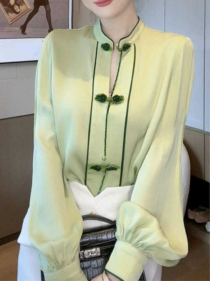 

WDMSNA, французский топ, зеленая Свободная Повседневная Блузка с воротником-стойкой, женская блузка, Женская Весенняя блузка с длинными рукавами-фонариками для женщин