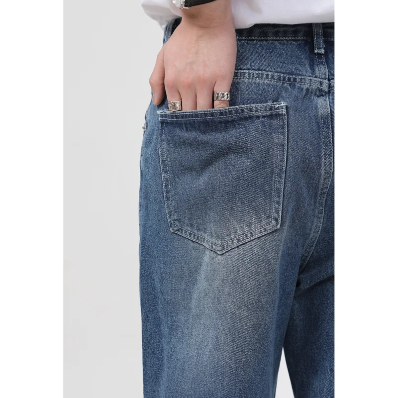 Men Clothing 2022 New Pattern Hole Jeans Loose Recreational Straight Cylinder Blue Temperament Versatile Mop Pants Autumn Female