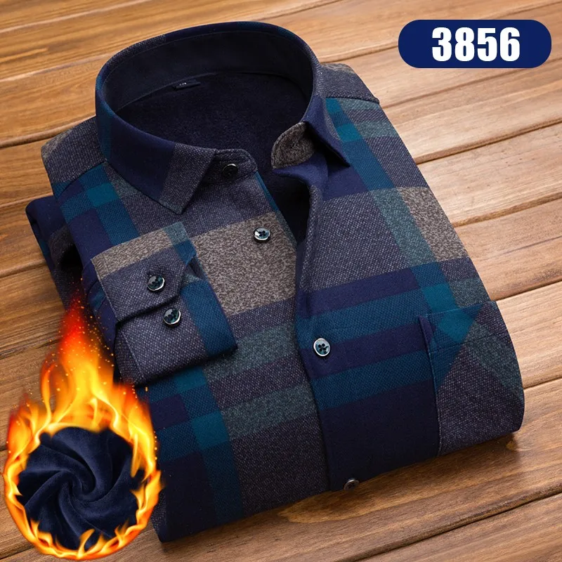 Autumn Winter Mens Long Sleeve Plaid Warm Thick Fleece Lined Shirt Fashion Soft Casual Flannel Shirt Plus Big Size L-5XL