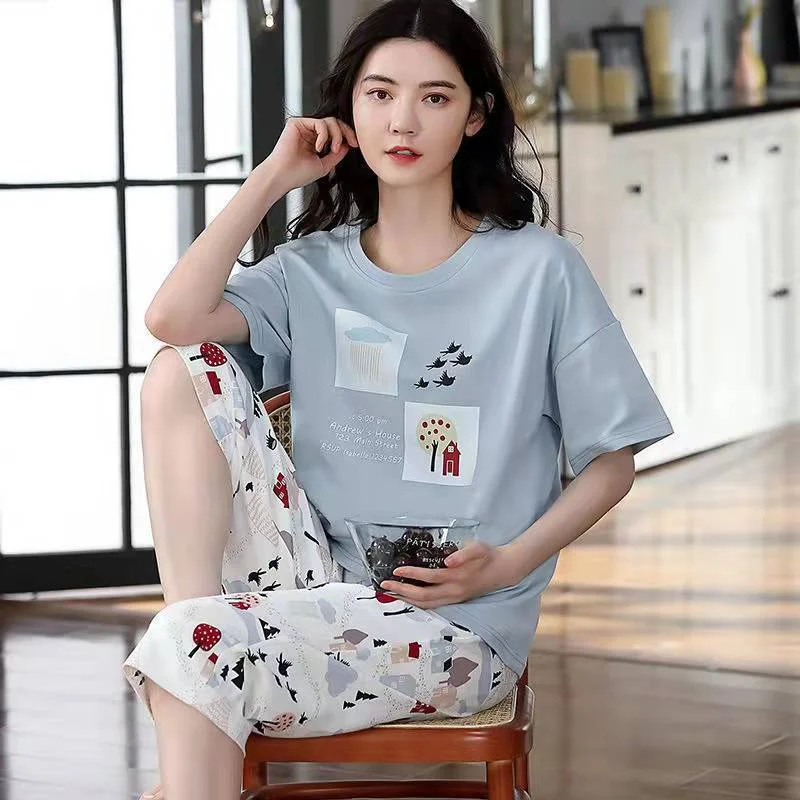 Pajamas women's summer short-sleeved cropped pants thin section cartoon girls plus home service suit spring and autumn