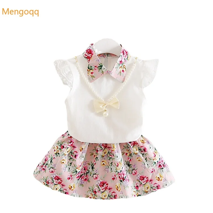 

Pretty Princess Summer Fly Sleeve Lapel Top T-shirts Flower Skirts Gift Necklace Young Children Kids Baby Clothing Set 2pcs 1-4Y