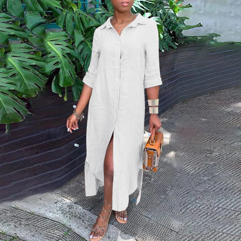 Модное хлопковое льняное платье с длинным рукавом осень 2024 повседневные