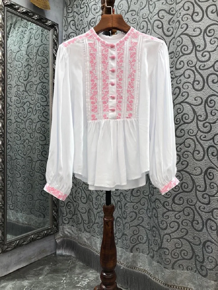 100%Cotton Blouse 2022 Autumn Winter Shirts Women Luxurious Embroidery Long Sleeve Casual Vintage Button Shirts White Orange