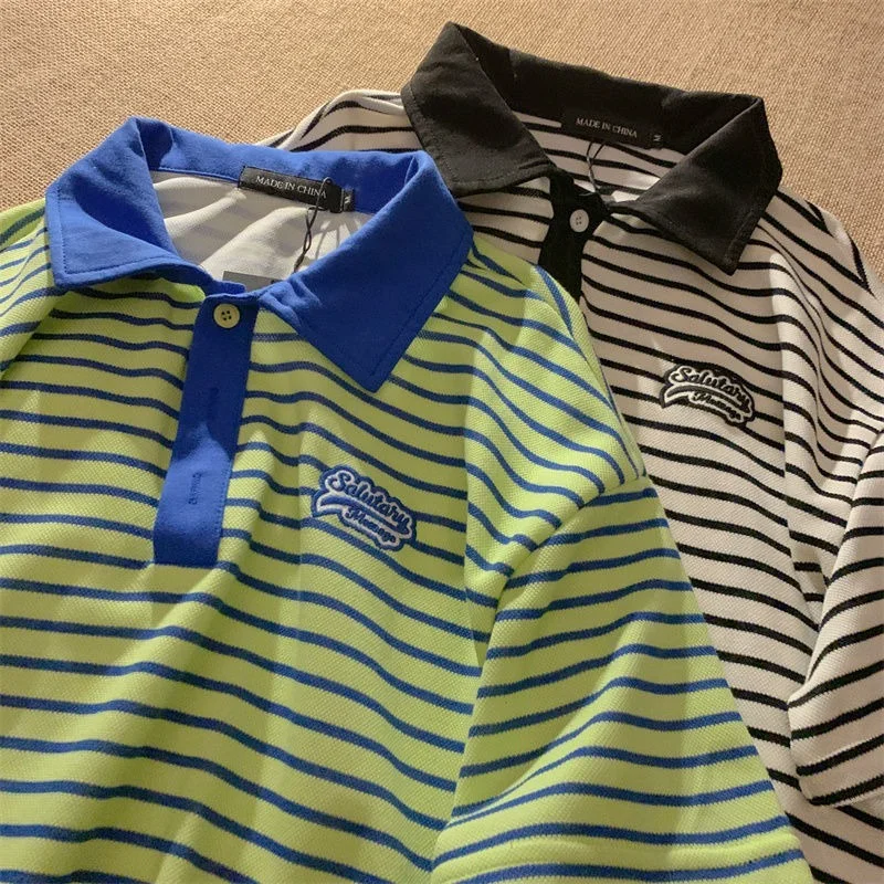 

Ins уличная одежда винтажные красивые зеленые полосатые футболки с воротником поло в стиле преппи корейские модные футболки большого размер...