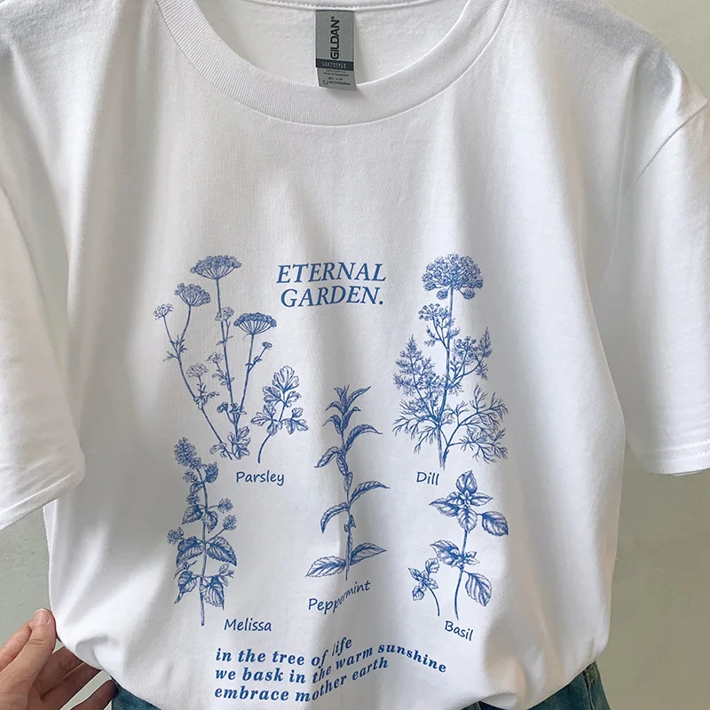 

VIP HJN Summer Cotton Tees Eternal Garden Graphic Retro Tops Women Vintage Boho Botanical T-Shirts Herb Print Plant Tshirt
