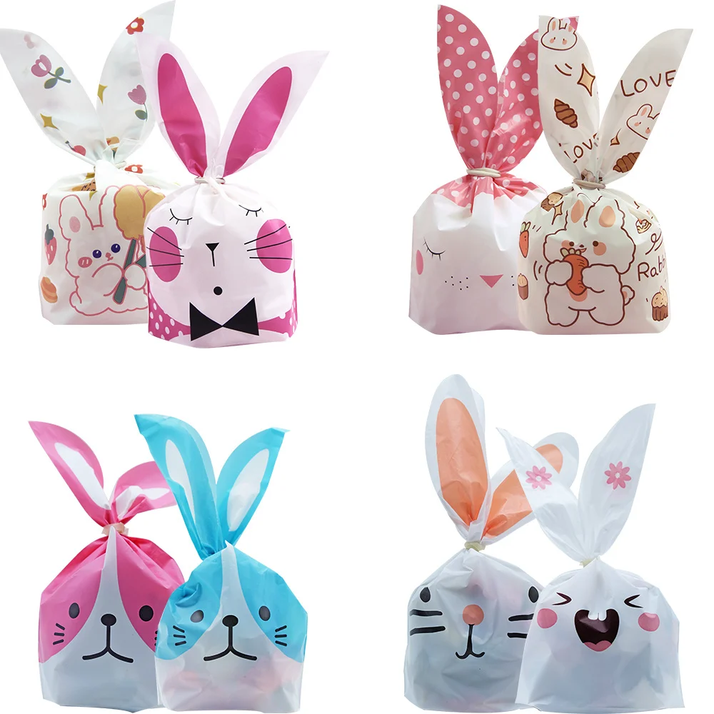 10/20pcs Rabbit Ear Bags Plastic Multi Cookie Candy Bags For Easter Party Biscuits Snack Baking Packing Kids Gifts Supplies