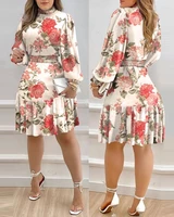 autumn floral dress women fashion elegant long sleeved floral print ruffled mini dress women