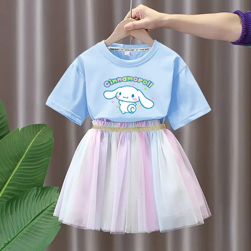 

Kawaii Sanrio Cinnamoroll летняя новая юбка с коротким рукавом для девочек костюм аниме мультфильм Милая футболка Милая газовая юбка комплект из двух частей