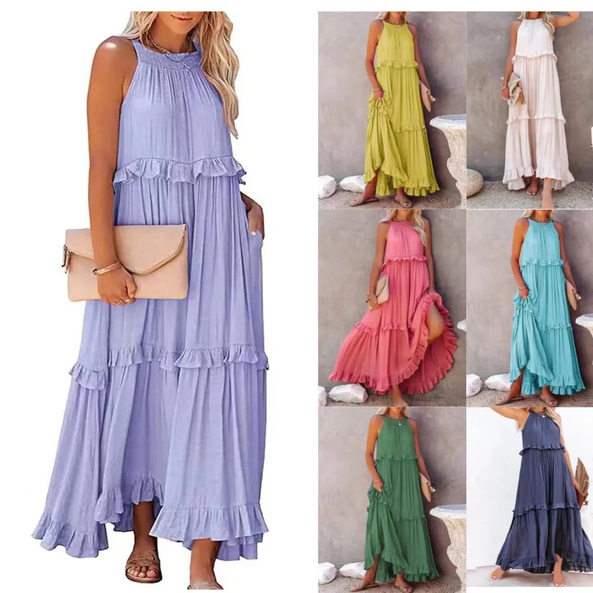 

Women Europe and Solid Long Dresses Summer Casual Loose Sleeveless Hollow Tie-Up Dress Female Beach Party Ruffle Maxi Dresses El