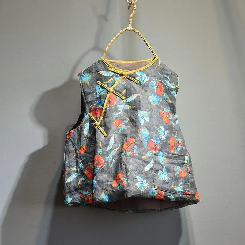 

Женский костюм Тан 2023 года, элегантный винтажный утепленный жилет без рукавов с национальным цветочным принтом, традиционный короткий жилет из хлопка и льна