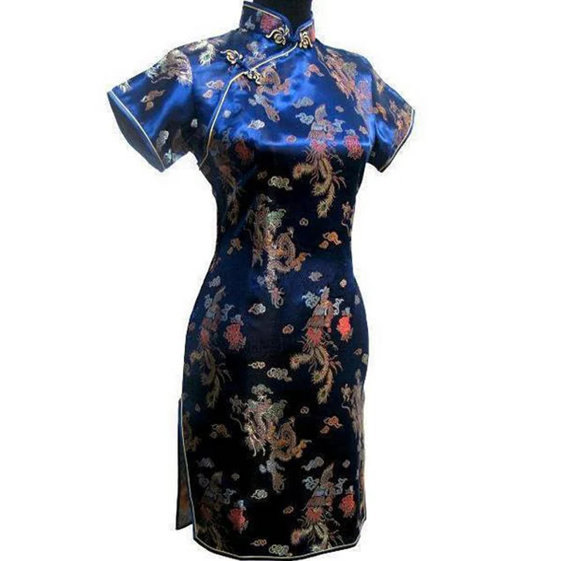 

Navy Blue Traditional Chinese Women Dress Satin Short Qipao Vintage Button Dragon Cheongsam Plus Size 3XL 4XL 5XL 6XL