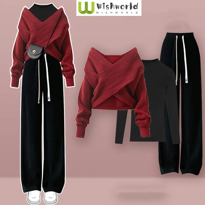 Осенне-зимний модный женский комплект новый корейский свитер с крестообразным