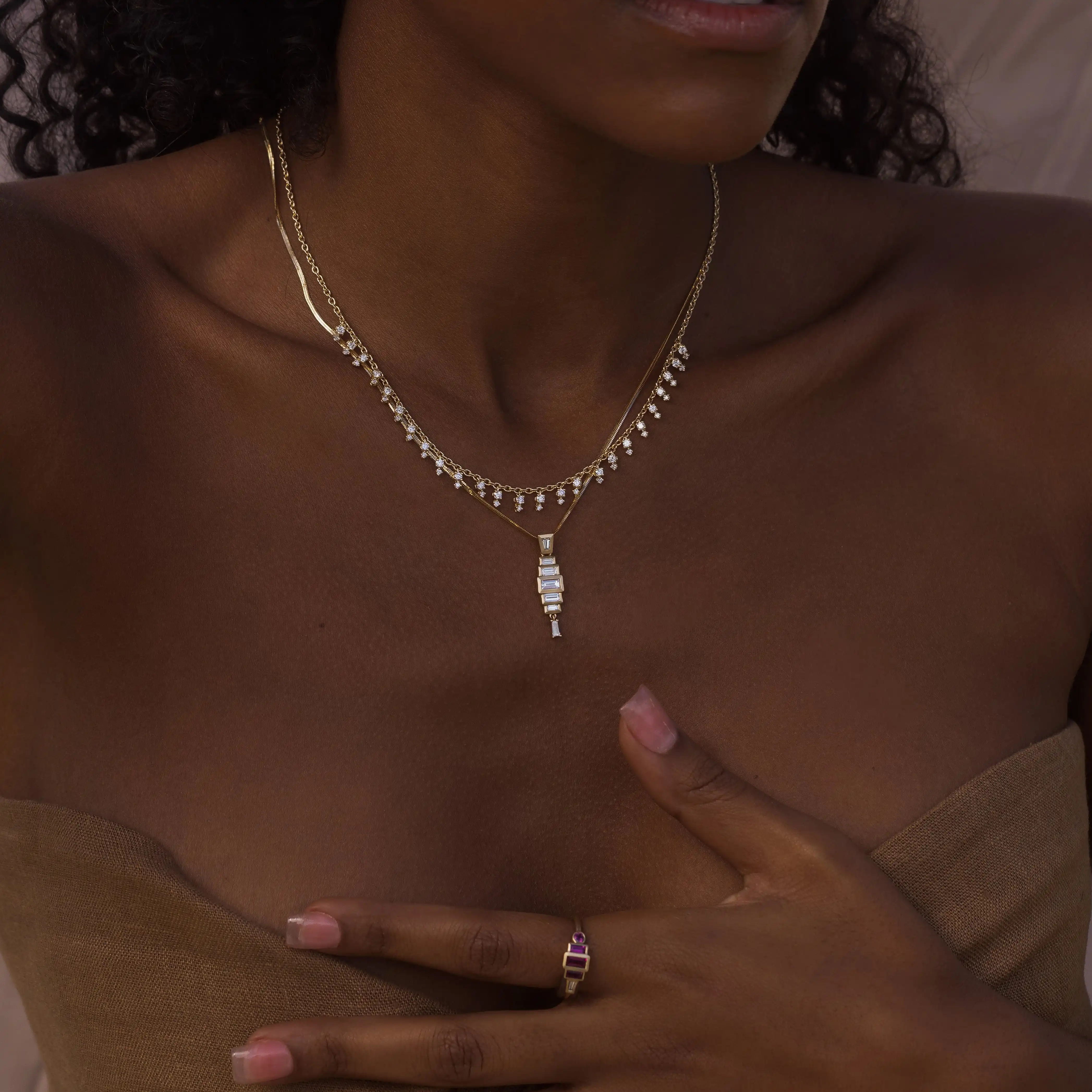 

Delicate S925 Sterling Silver Diamond Baguette Stacked Necklace for Women