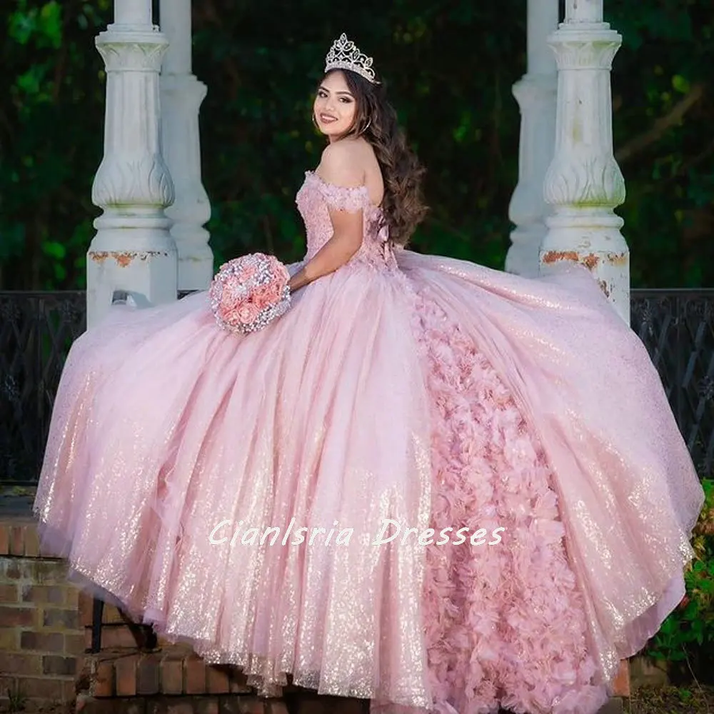 

Pink Sparkly Crystal Corset Mexican Quinceanera Dress Ball Gown Off The Shoulder 3D Flowers Vestido De XV Anos