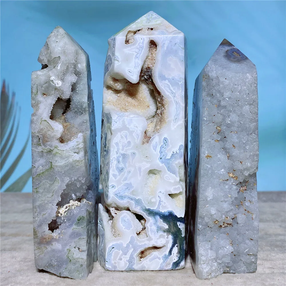 

Green Mosagate Tower Druzy Natural Stone Quartz Crystals Point Wand Reiki Healing Gem Mineral Voog Prism Ornament For Room Decor