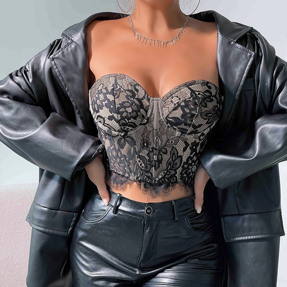 Соблазнительная кружевная майка-бандо со стальной косточкой женская уличная