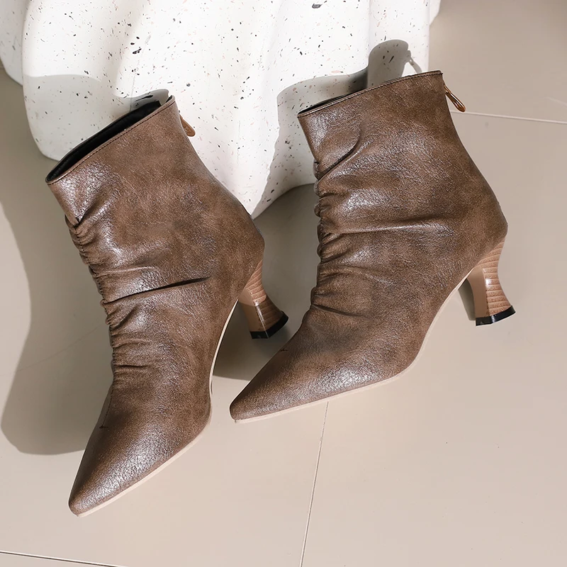 Kcenid осень-зима лаконичные плиссированные ботильоны для женщин с острым носком на