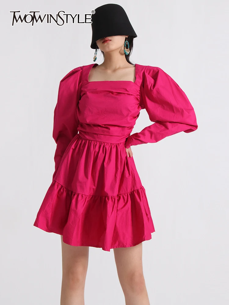 

TWOTWINSTYLE Solid Backless Mini Dress For Women Square Collar Puff Sleeve Spliced Lace Up Folds Summer Formal Dresses Female