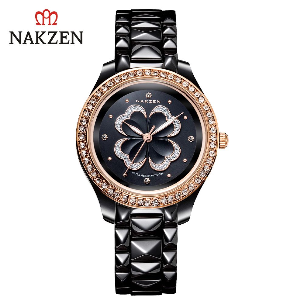 

NAKZEN Japanese Movement Rhinestone Clover Ceramic Fashion Women's Watch Waterproof Quartz Women's Watch