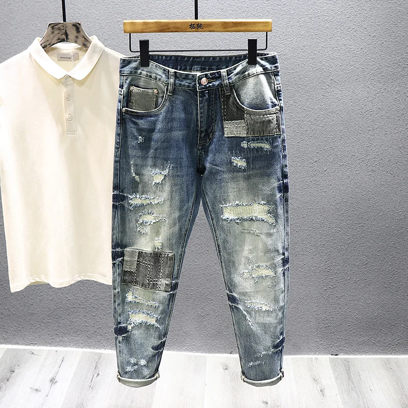 

Vintage Streetwear Men's Jeans New Fashion Washed Stitching Ripped Patch Distressed Slim Stretch Jeans Y2k Denim Pants