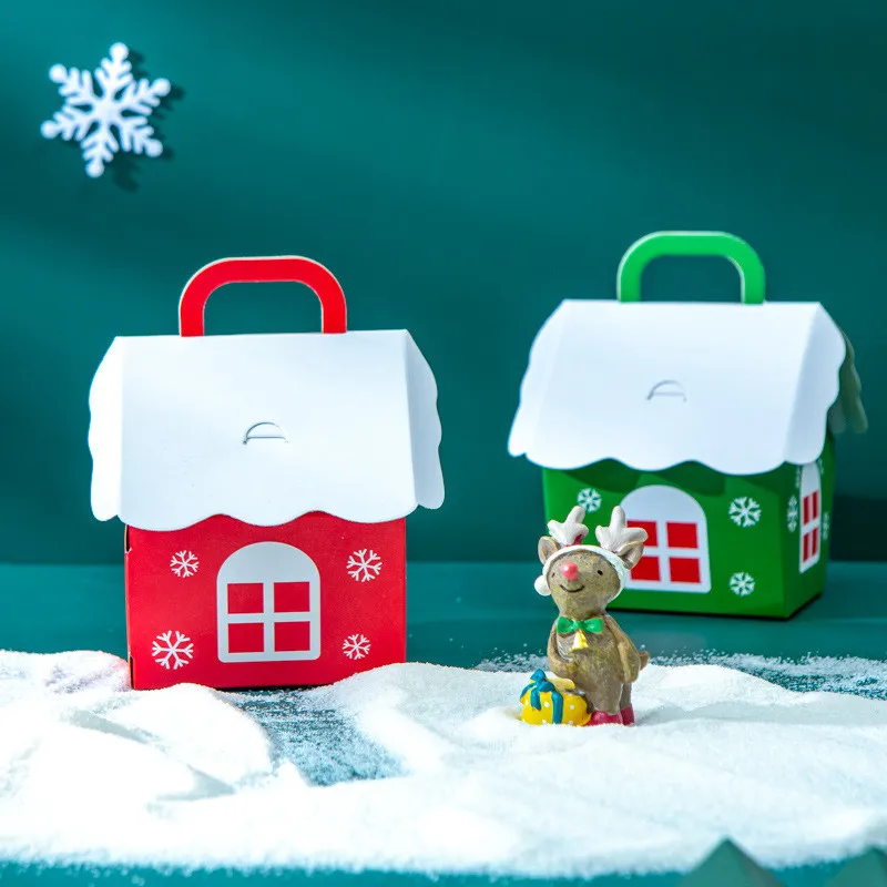 

5Pcs New Year Christmas House Shape Candy Dragee Box Gift Bags Xmas DIY Cookie Candy Packaging Boxes Party Wrapping Paper