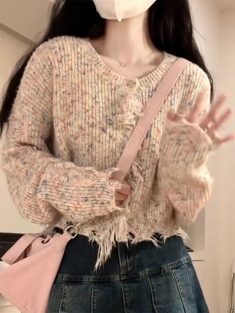 

Зимний винтажный вязаный свитер, женский корейский модный кардиган, Женский Повседневный теплый короткий свитер с длинным рукавом Y2K, пальто 2023 Q22