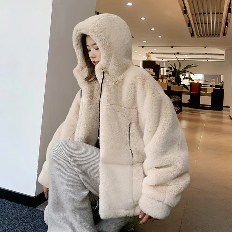 Fashion Faux Fur Coat Women's Thicken Winter Plus Size Loose Warm Jacket Parker Mink Faux Casual Leopard Print Hooded Jacket