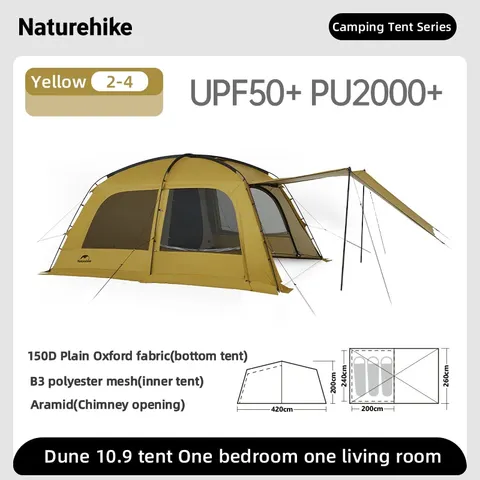 Naturehike Кемпинговая палатка Dune 10.9 на открытом воздухе Одна спальня и одна гостиная  Просторная семейная палатка  4-5 человек Водонепроницаемая туристическая палатка
