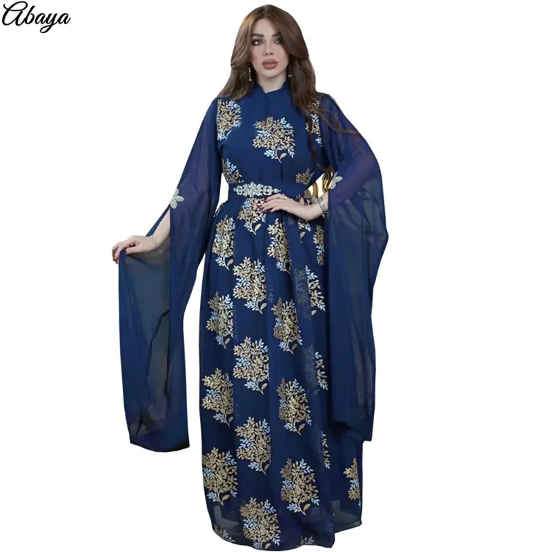 

Middle East Women Evening Dress Dubai Muslim Elegant Embroidery Manual Crystals Bead Belt Dresses for Arab Vestido Largo Muslman