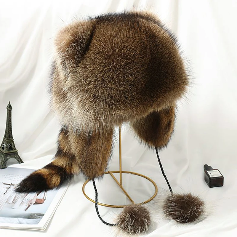 Ladies Raccoon Plush Raccoon Tail Fur Leifeng Hat Animal Tail Velvet Ear Defenders Autumn Winter Soft Adult Kids Cap Winter Hat