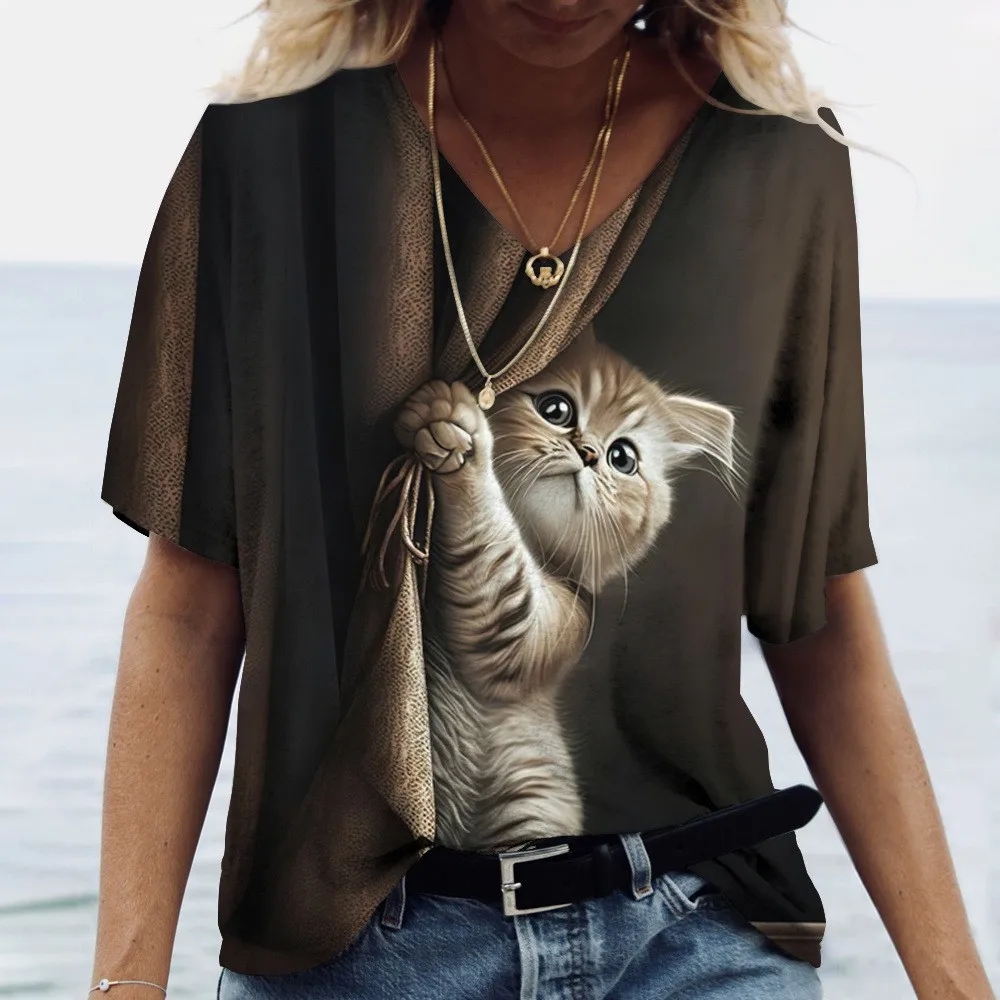 

Новинка 2023, футболка с 3D принтом кота, женская модная большая футболка в стиле Харадзюку, топ с коротким рукавом, футболка с забавным котом, футболка с круглым вырезом