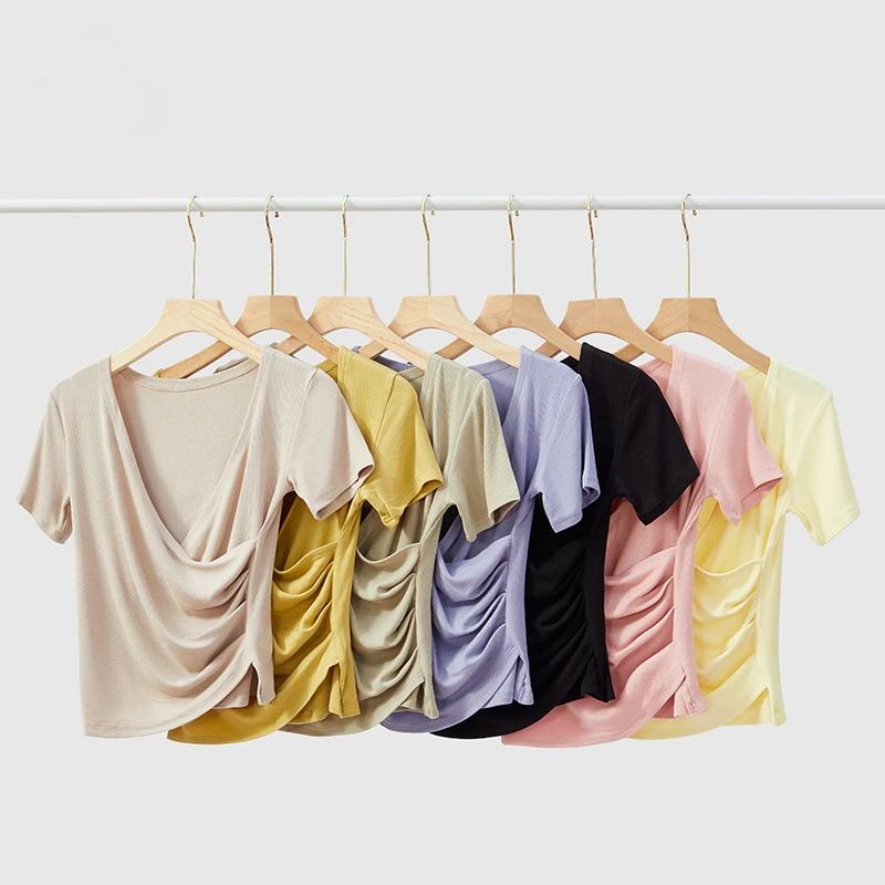 

Knitted Sweater V-neck Tees Waisted Ladies Pullovers Summer Women Short Sleeve T-shirts Elegant Female Solid Tops