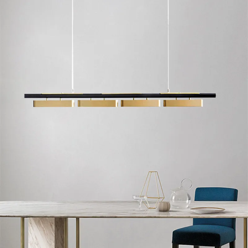 

Simple Modern Light Luxury Black Gold LED Chandeliers Living Room Dining Hanging Fixture Cashier Decor Long Strip Pendant Lamps