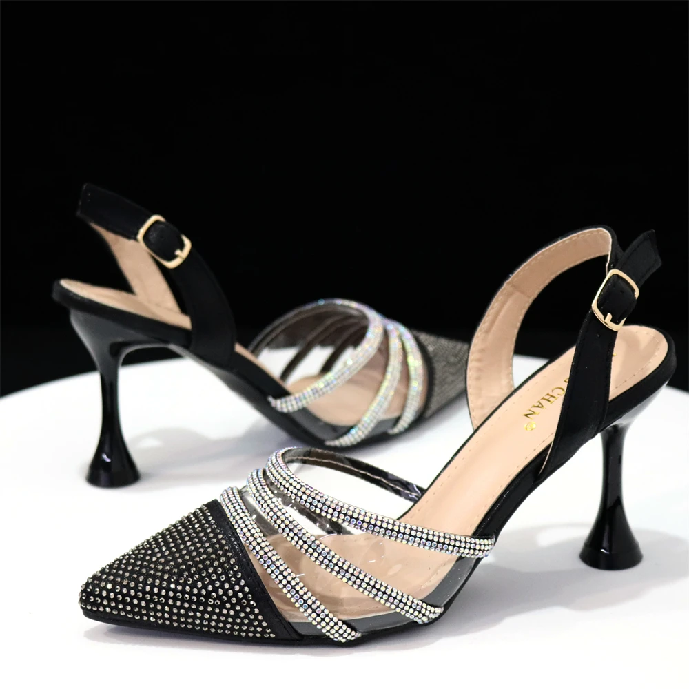 Venus Chan Shoes for Women 2023 Pointed Toe Black Heels Rhinestone Chain Party Sandals Italian Shoes and Bags Matching Set 2023