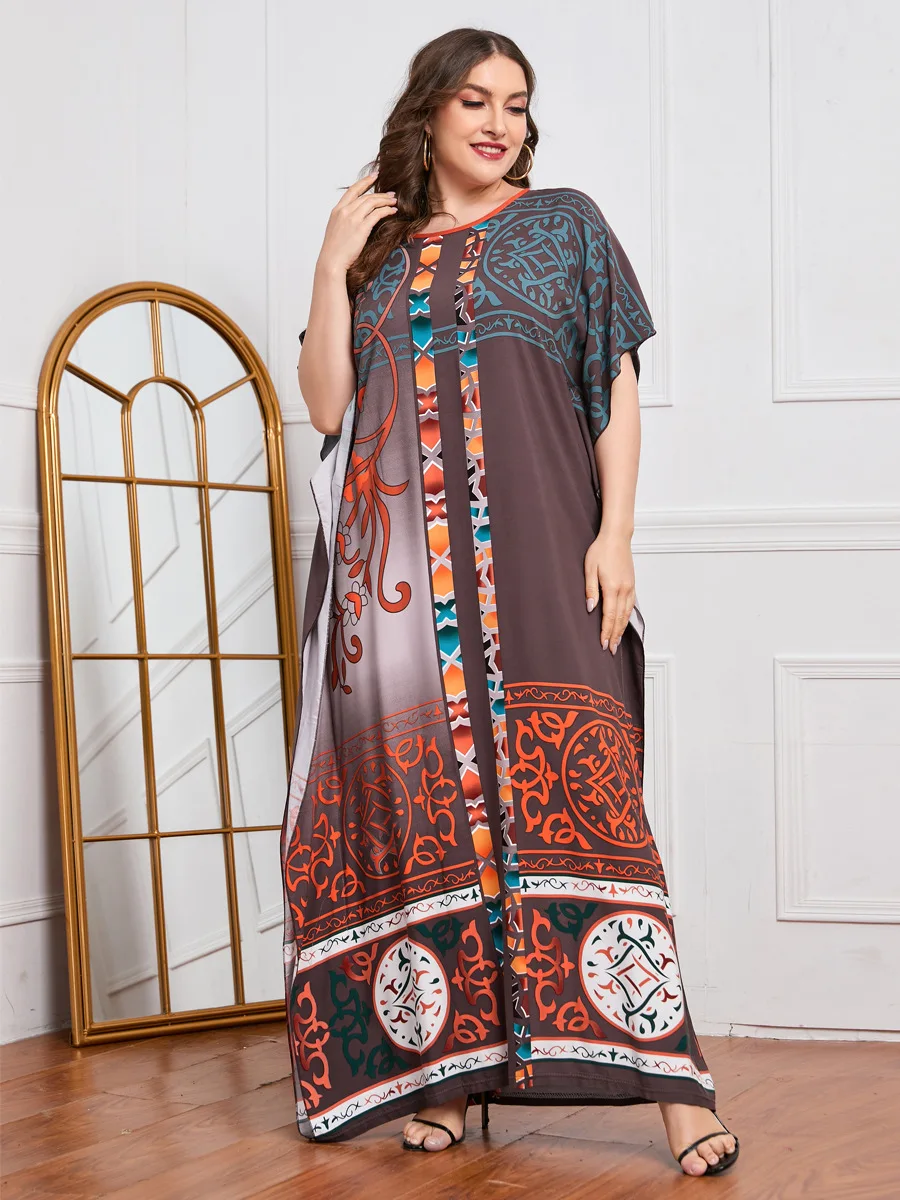 

Muslim Women Dress Abaya Islamic Caftan Print Casual O Neck Short Sleeve Ankle Length Maxi Casual Party Dresses Vestidos Summer