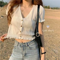 brief paragraph high waisted jacket female summer 2021 new silk knitted cardigan v neck ice hollow out thin short sleeve t shirt