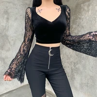 vintage gothic velvet lace top harajuku sexy perspective long sleeved crop top female autumn elegant and beautiful basic top