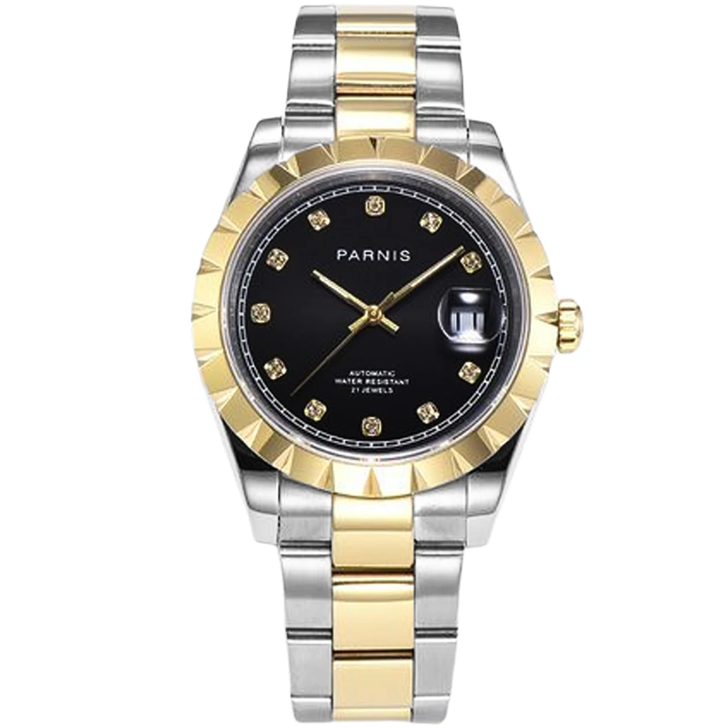 

Parnis 39mm New Mens Top Watch Gold Case Sapphire Crystal Black Dial Date Window 21 jewels Miyota 8215 Movement Automatic Watch