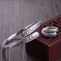real pure 999 sterling silver lotus cuff bangles bracelet ring for women flower engraving buddhist jewelry sets