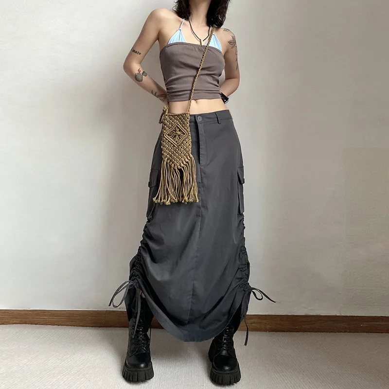 

Harajuku Vintage Skirts Women Y2k Midi Cargo Hipster Loose Hot Girls Fashion Ins Ulzzang Chic Streetwear Back-slit Drawstring